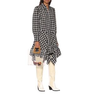 Ganni Asymmetrical Seersucker Check Plaid Dress in Black and White